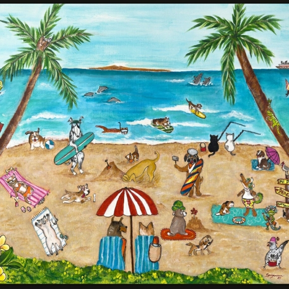 Original Art Print "Poi Dog Beach" 8×10 Hawaiian Art Matted Ready To Frame - Picture 5 of 8
